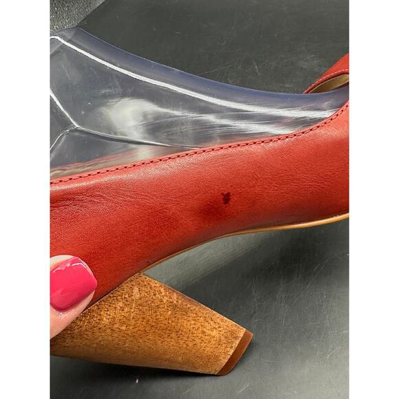 ALDO Red Leather Peep Toe‎ Heels Women’s Size 40 (US 9.5-10) Wood Cone Heel - Picture 13 of 13